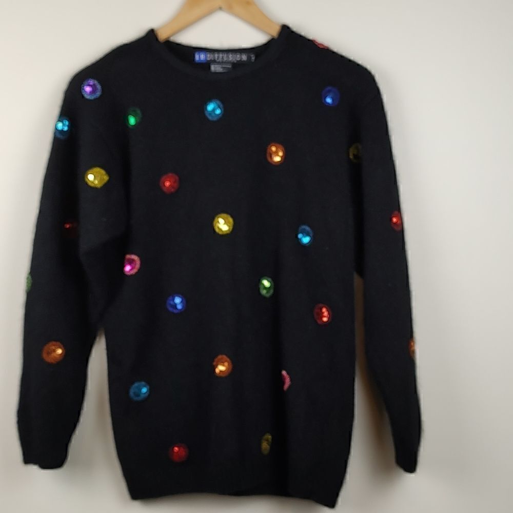 IB Diffusion Petites Black Sequin Silk Angora Lambswool Sweater Vintage 1990